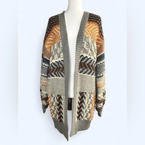 Open-Front Chunky Knit Cardigan Sweater in Multi Brown